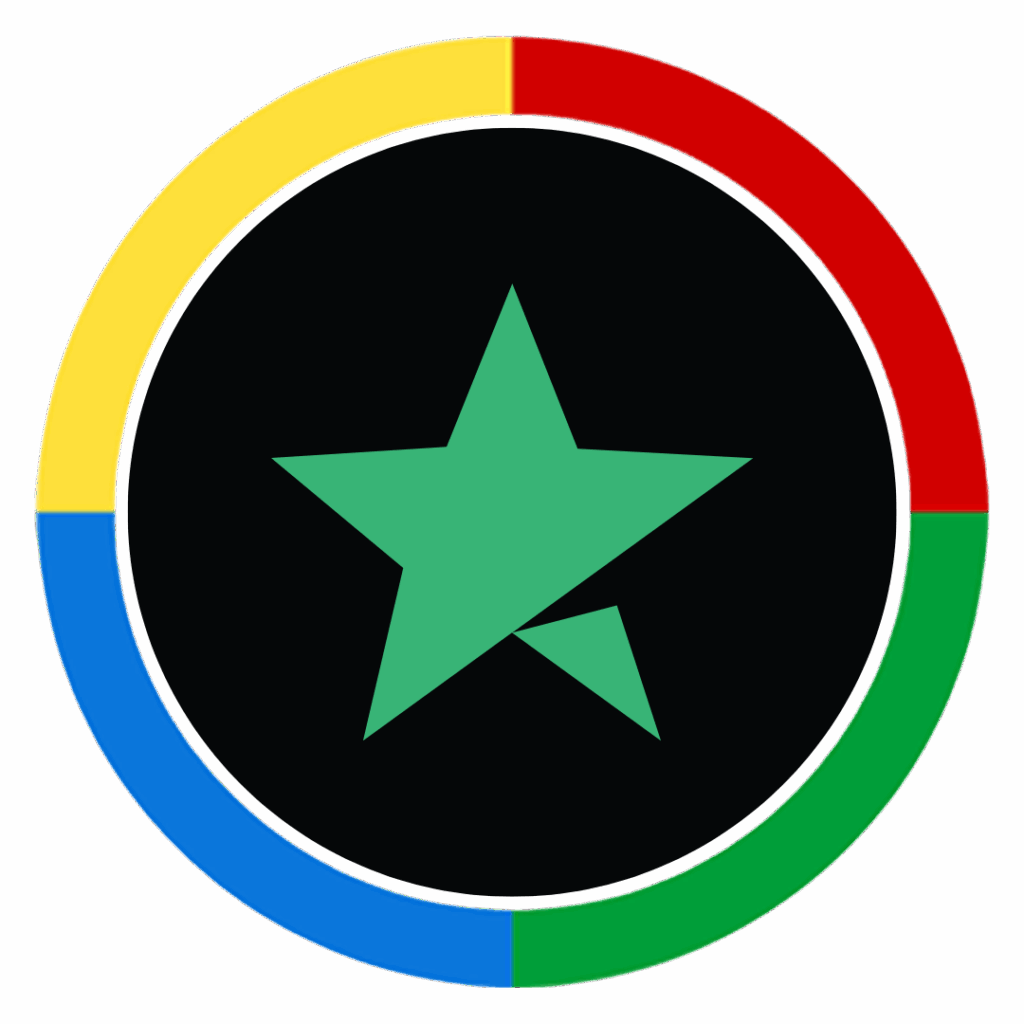This image shows a green star logo at the center of a black circle, surrounded by a segmented outer ring in Google’s signature colors: yellow, red, green, and blue. The design combines elements of the Trustpilot logo with Google branding, possibly indicating a review or rating integration.